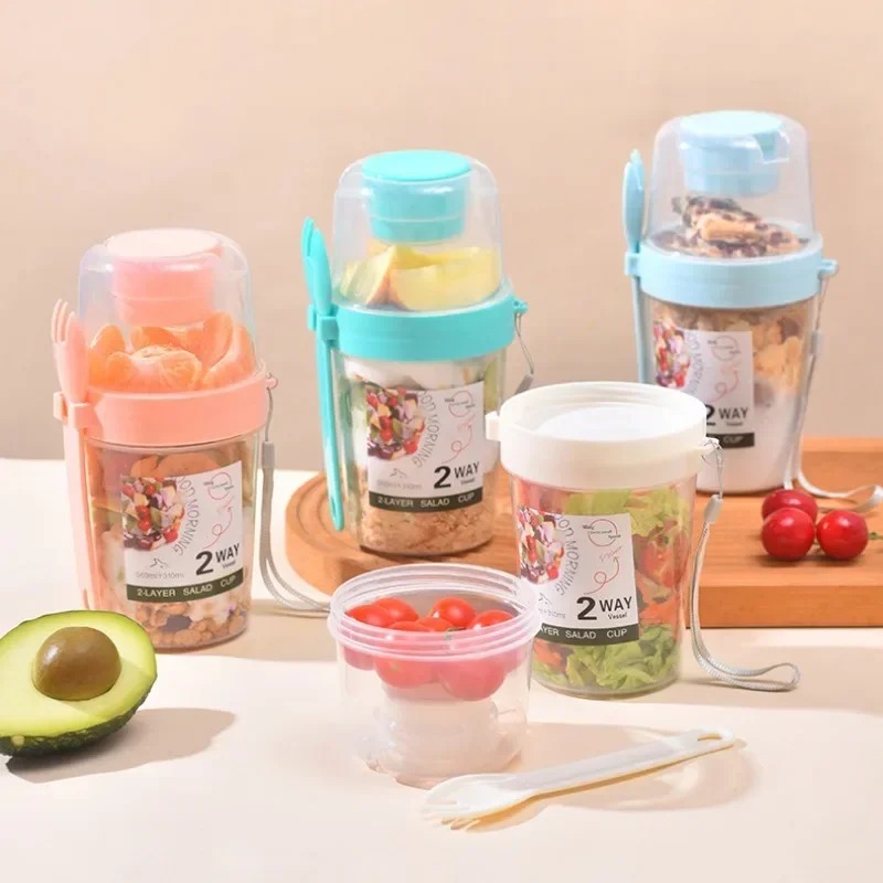 Salad Container Jar - Draagbare Saladebeker Dubbele Havermoutbeker Yoghurt Moer